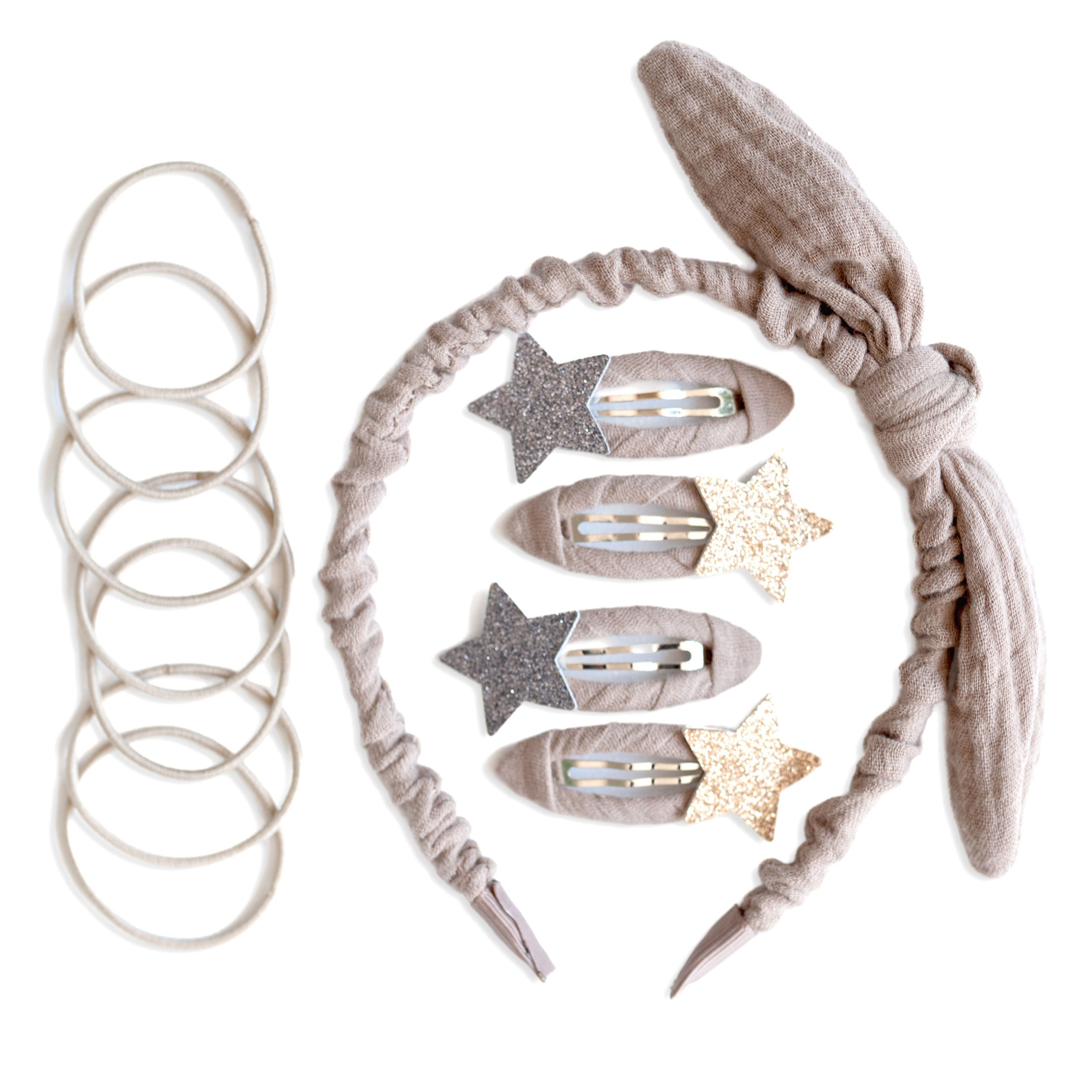 011-006-004_001 Musselin Haar-Accessoires Set – Taupe – Bild 1