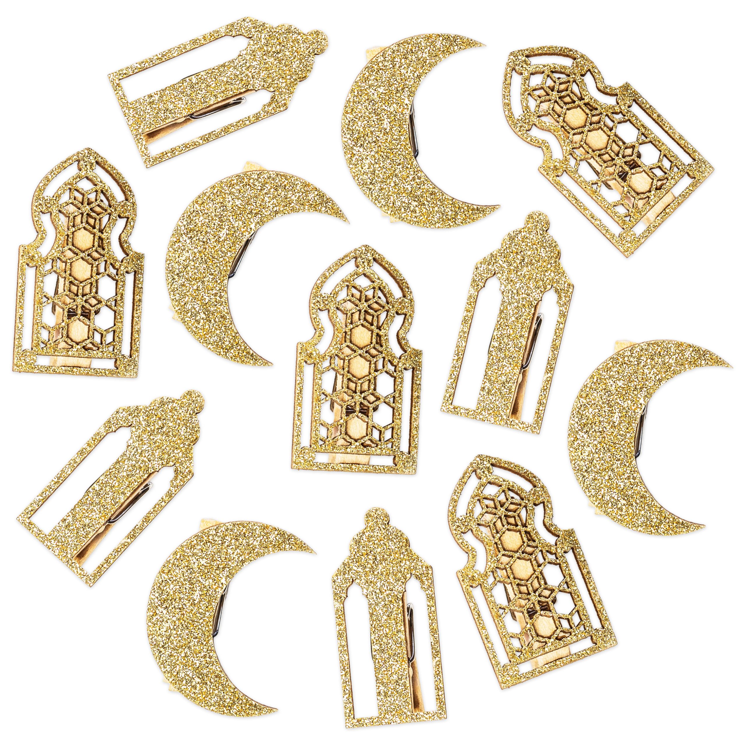 070-008-001-1 12 Ramadan Motivklammern Holz gold – Bild 1