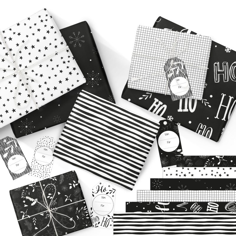 223-003-009_1 Weihnachtsgeschenkpapier - Schwarz weiß - Set 9 – Bild 1