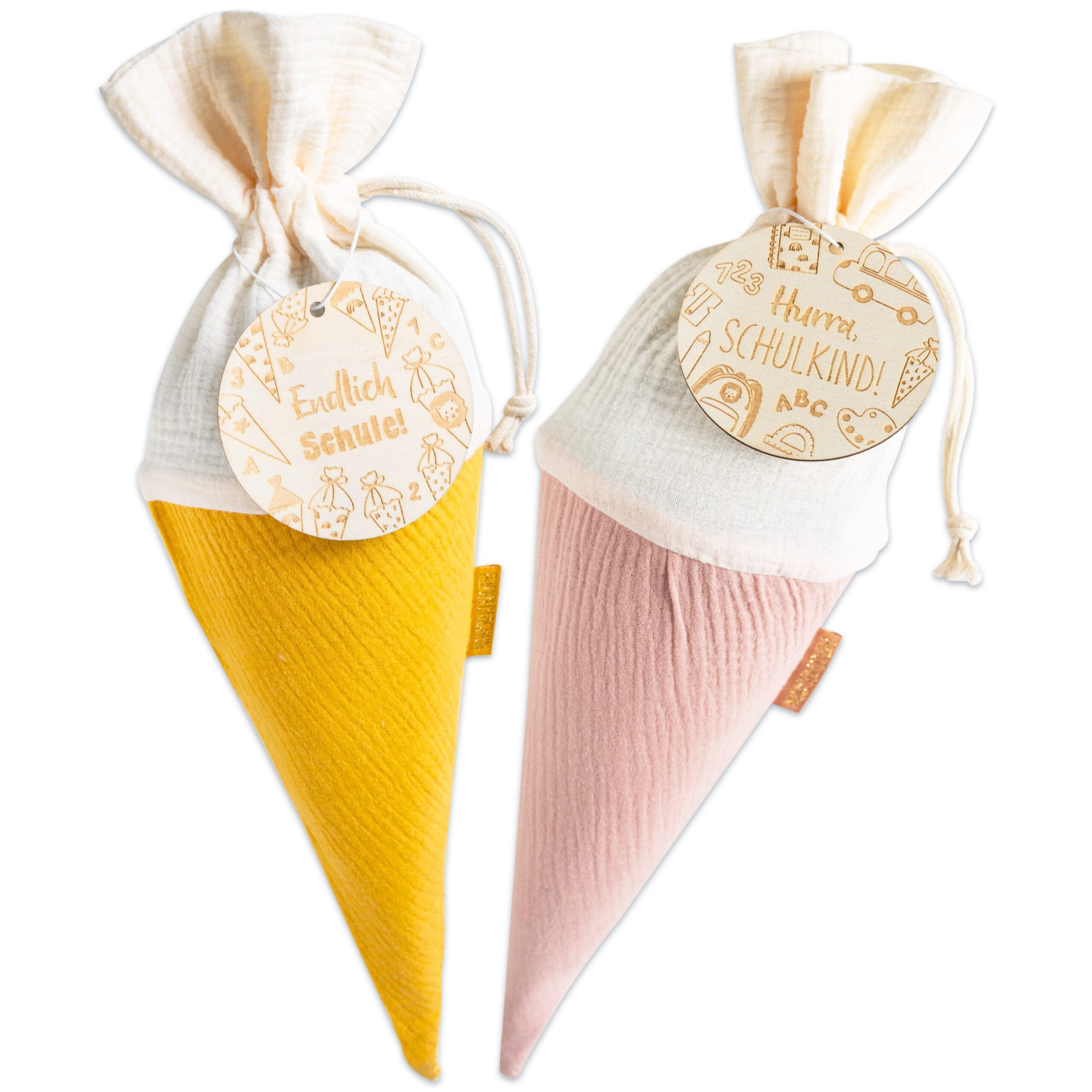 270-025-001_1 Schultüte Musselin Rosa Gelb mit Holzanhänger Pastell - Set 01 – Bild 1