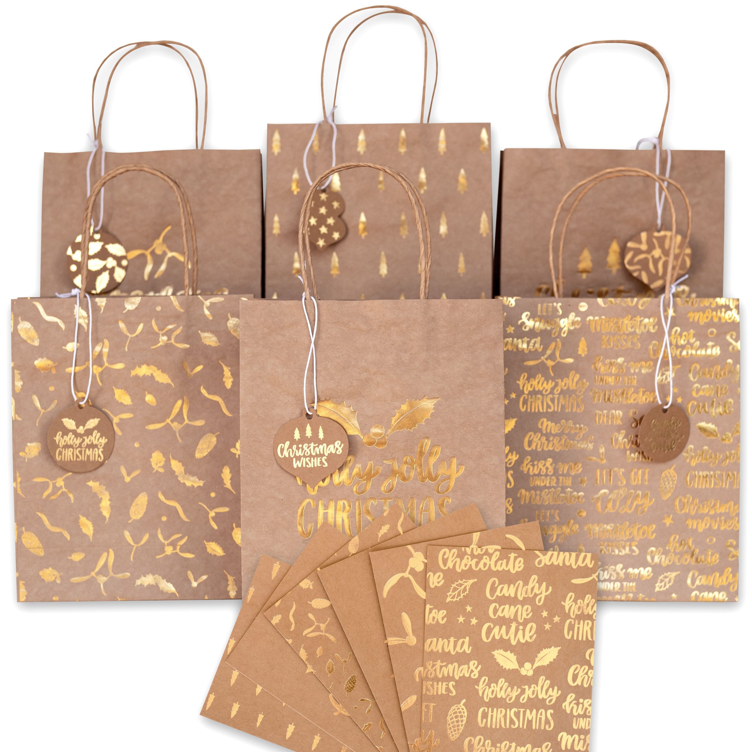430-004-001_1 6 goldfolierte Geschenktüten – Holly Jolly – Bild 1