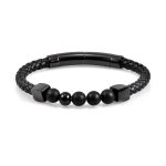 Herrenarmband - Geflochtenes schwarzes Leder mit Kanten & schwarzen Achat-Edelsteinen mit verstellbarem Verschluss