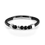 Herrenarmband - Schwarzes geflochtenes Leder & schwarze Achat-Edelsteine mit verstellbarem Verschluss
