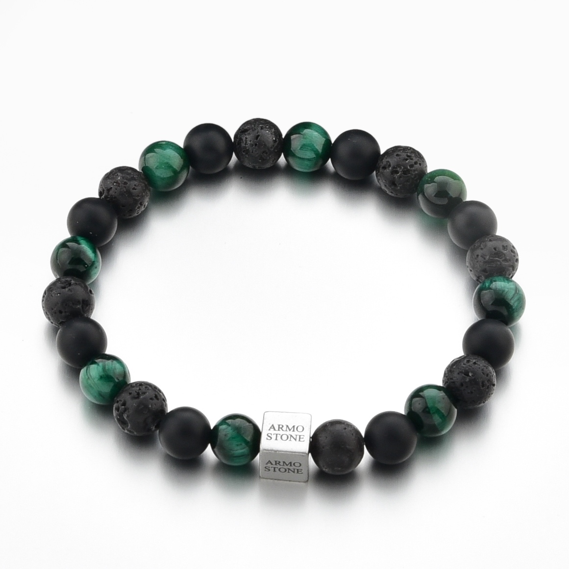 ARM-ASN10 Herrenarmband Schwarzer Lava-, matter Onyx- und grüner Tigerauge-Stein – Bild 1