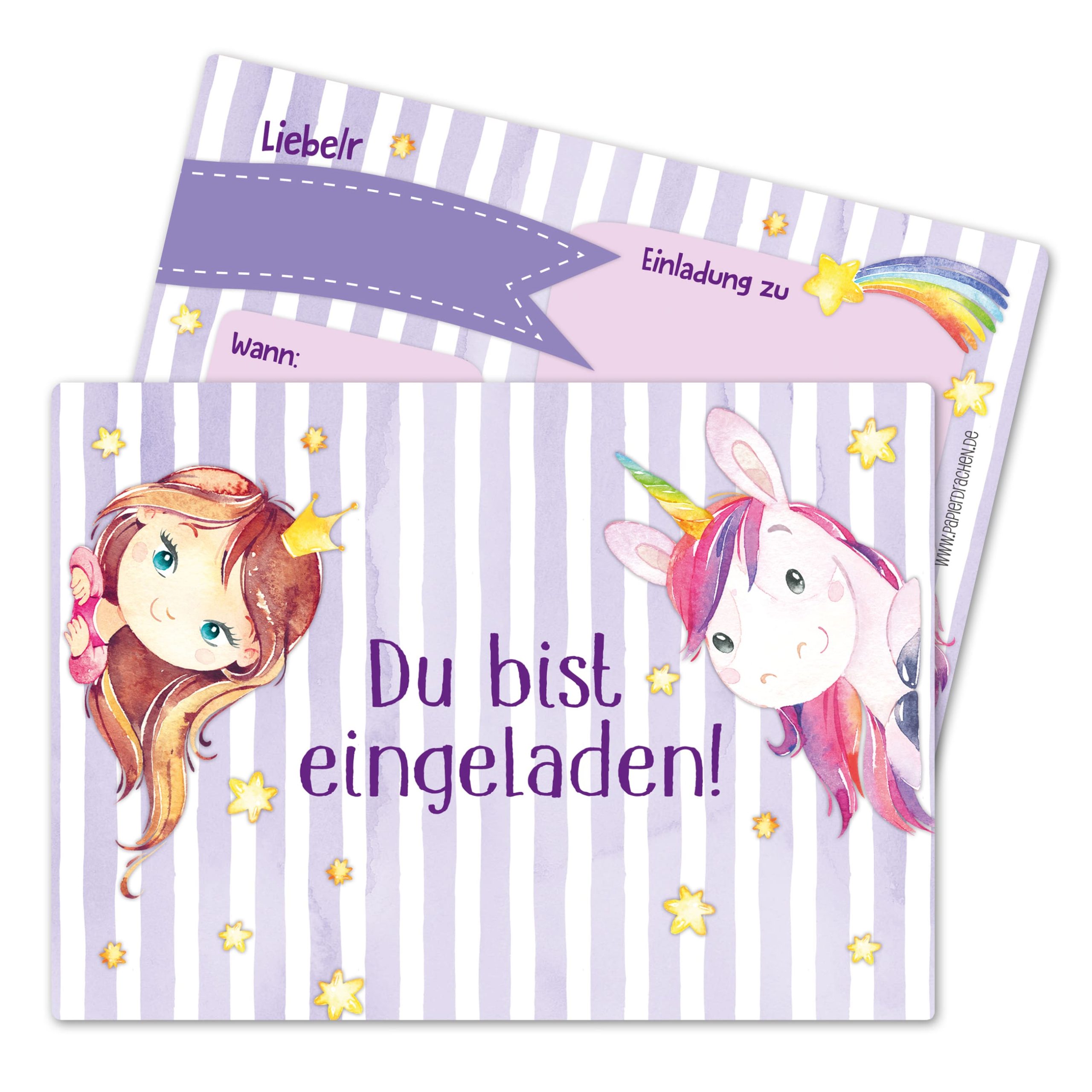 PAPD-E004_001 12 Einladungskarten zum Geburtstag – Fee und Einhorn – Bild 1