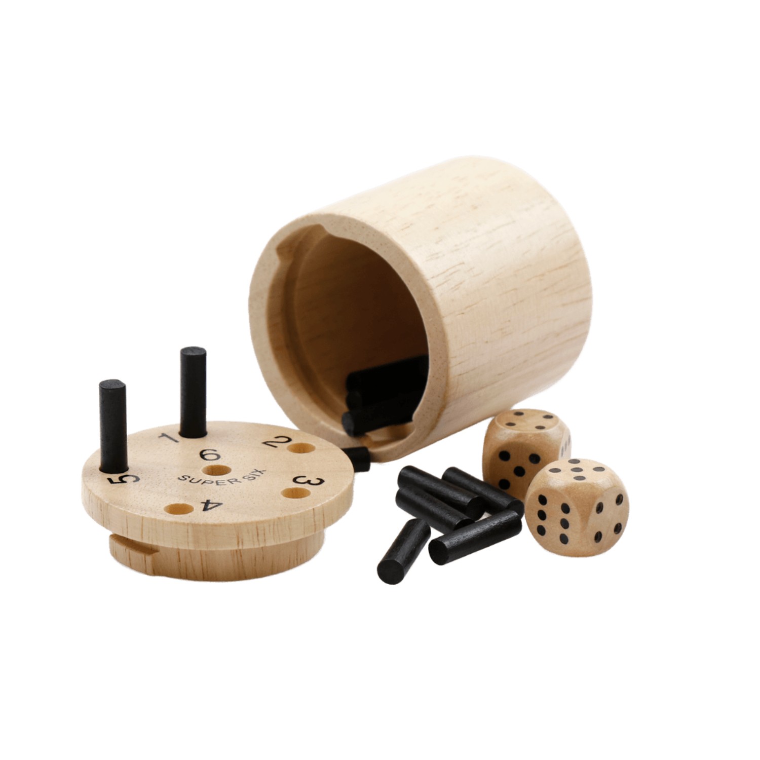 sal3030_1 SUPER SIX "Travel" aus HOLZ, 5cm+ Ø 5cm, Premium, Reisespiel – Bild 1